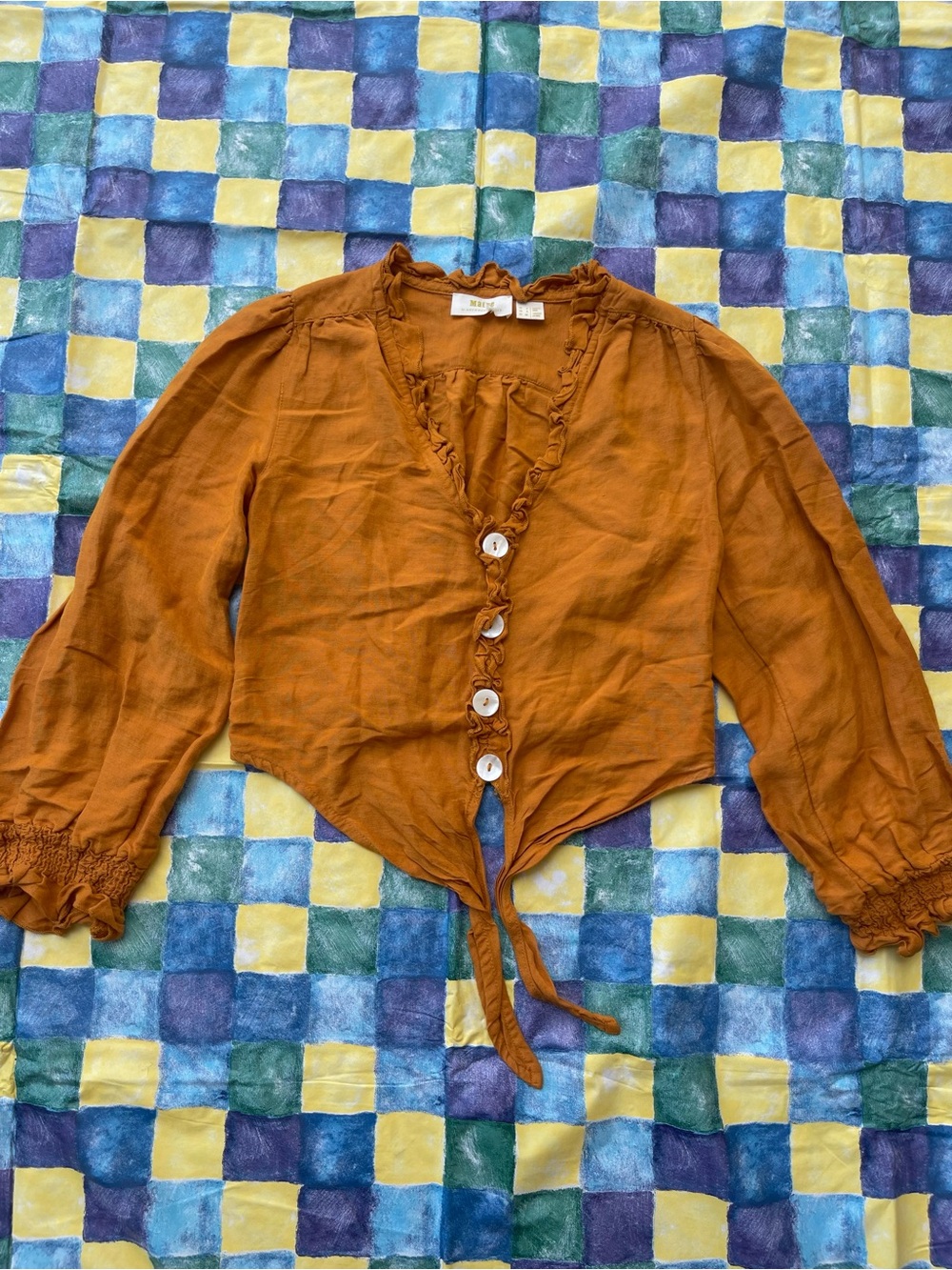 Maeve Rust Tie-Front Ruffle Blouse - Picture 2 of 8